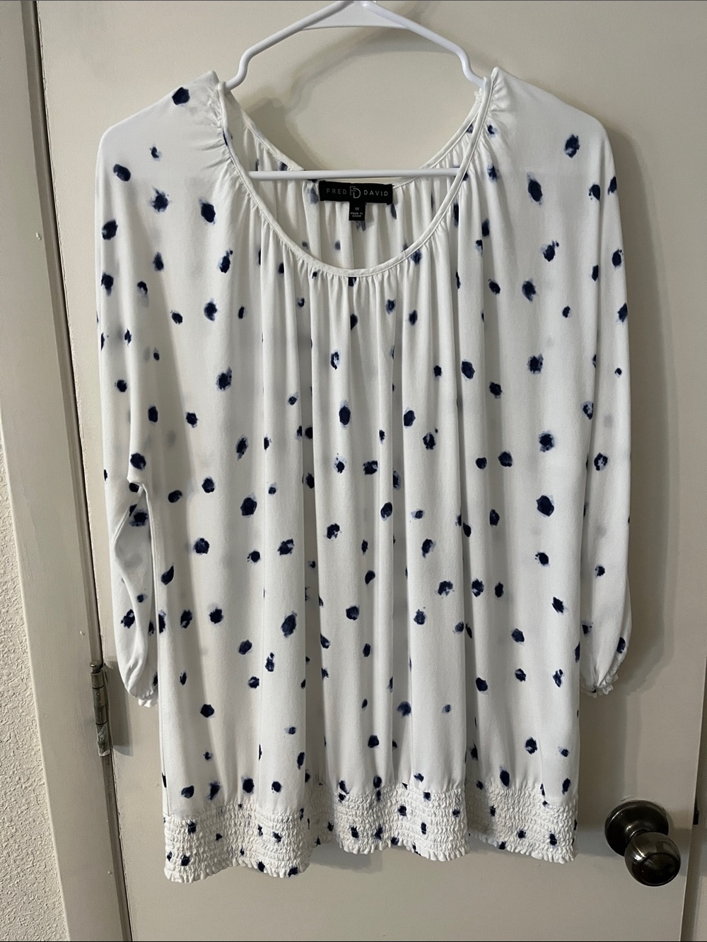 Fred David White Blouse with Navy Spot Print and Crochet Hem